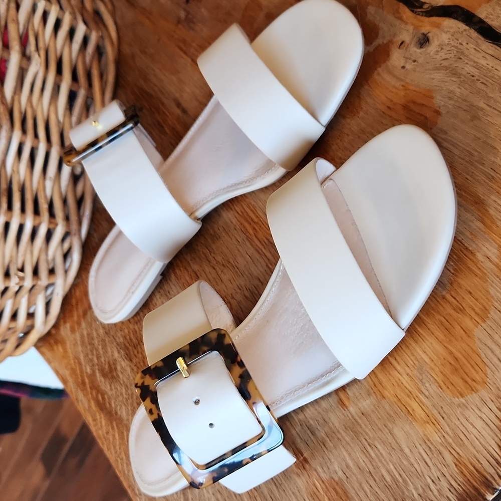 Sanctuary Sandals Leather Slides cream tortoise buckle sz 8.5 Shimmy Low‎ - Picture 2 of 13